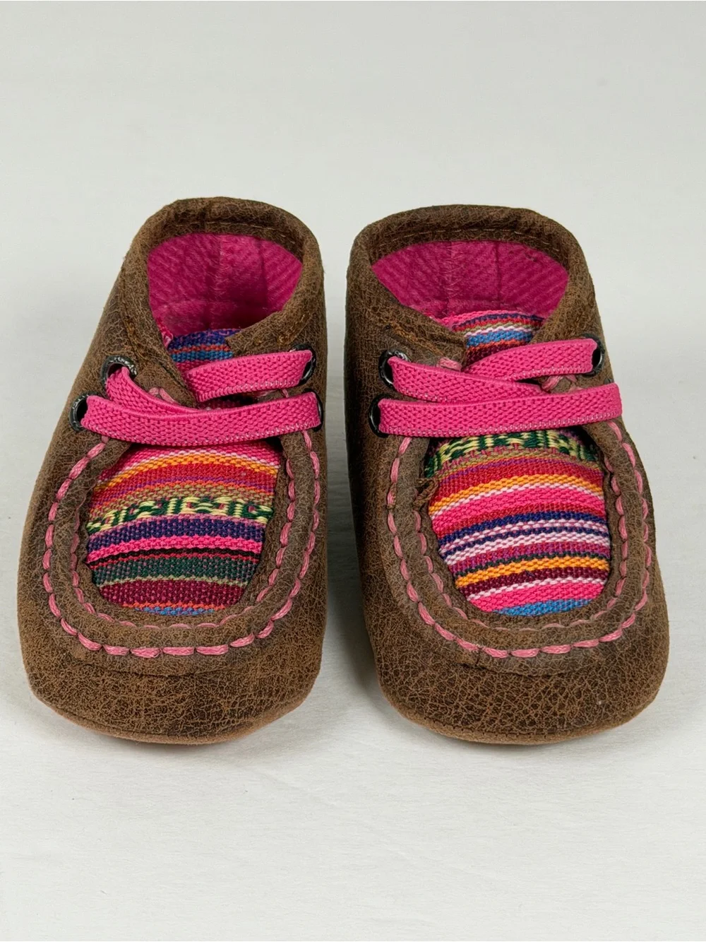 Ariat Infant Western Crib Shoes Brown Pink Moccasin Soft Sole 4” Outsole